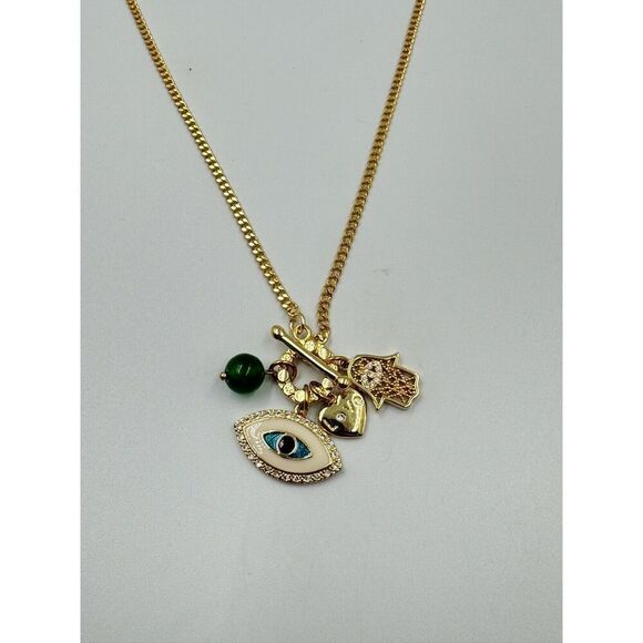 Gold Tone Evil Eye Jadeite Bead Heart Hasma Rhinestone Luck Charm Necklace 24” - Picture 3 of 7